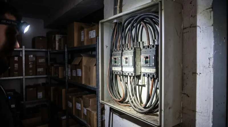 A three-phase distribution board in the back of a shop unit, examined on an emergency call-out in Dartford