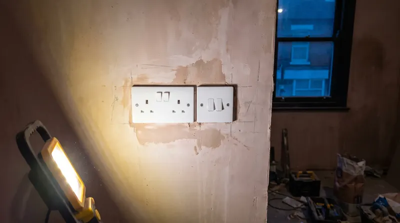 A new switch and socket on a replastered wall, found by an emergency electrician in Deptford