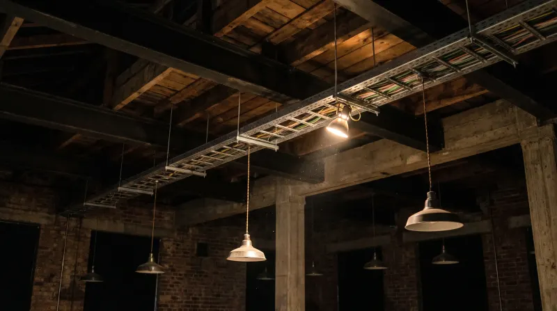 Cable tray under the exposed ceiling of a converted industrial building, examined on an emergency call-out in Docklands