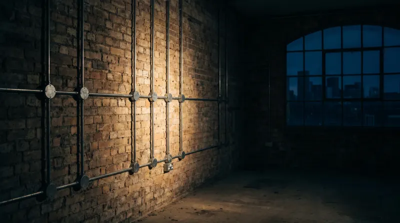 Surface conduit run along exposed brick in a warehouse conversion, found by an emergency electrician in Docklands