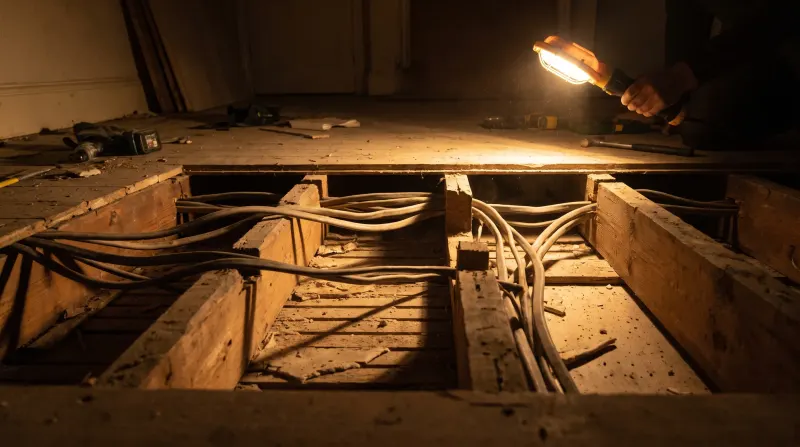 Cable runs notched through joists under lifted floorboards, found by an emergency electrician in East Ham