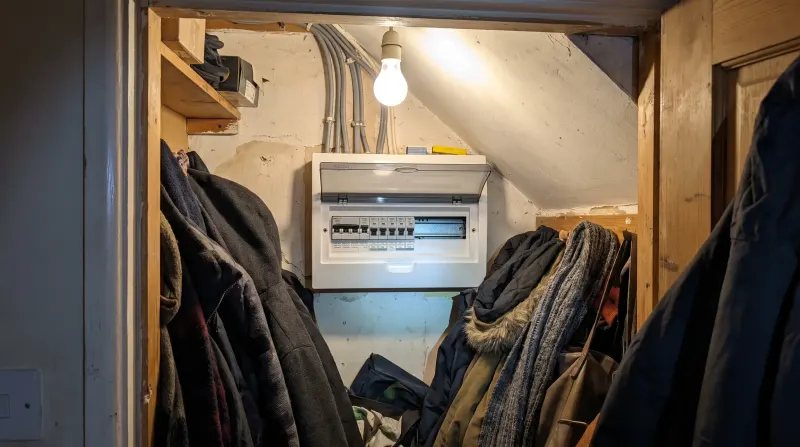 A consumer unit in the under-stairs cupboard of a 1930s semi, examined on an emergency call-out in East London