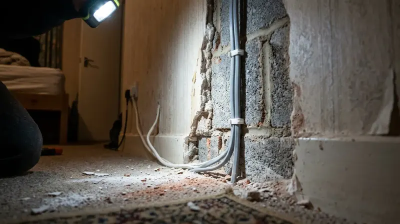 A bedroom wall chased out for new cable, found by an emergency electrician in East London
