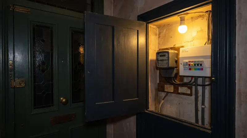 A meter cupboard beside the front door of a terraced house, examined on an emergency call-out in Edmonton