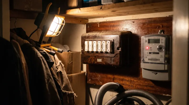 An original rewireable fuse box beside a newer meter, examined on an emergency call-out in Eltham
