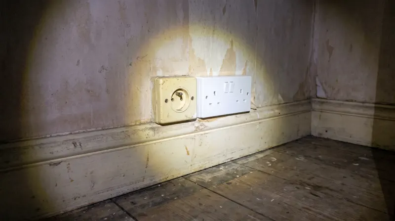 A surviving round-pin socket next to a modern three-pin one, found by an emergency electrician in Eltham