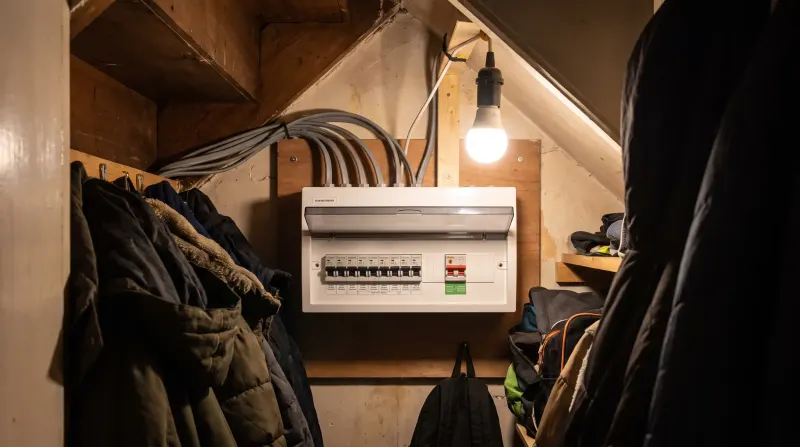 A consumer unit in the under-stairs cupboard of a 1930s semi, examined on an emergency call-out in Finchley