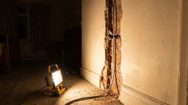 A bedroom wall chased out for new cable, found by an emergency electrician in Finchley