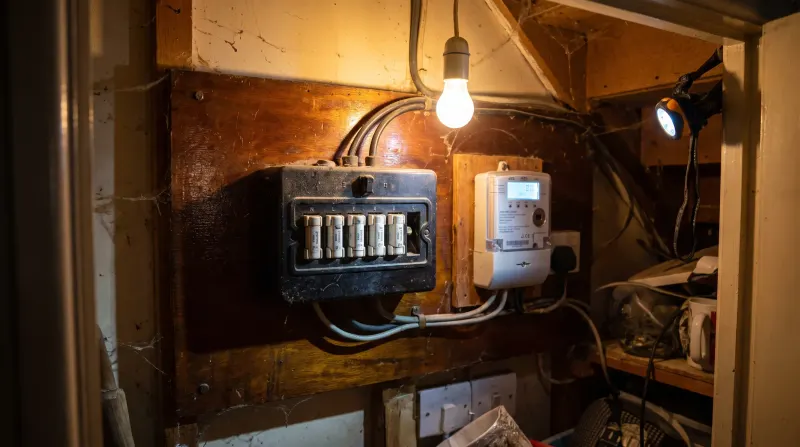 An original rewireable fuse box beside a newer meter, found by an emergency electrician in Gants Hill