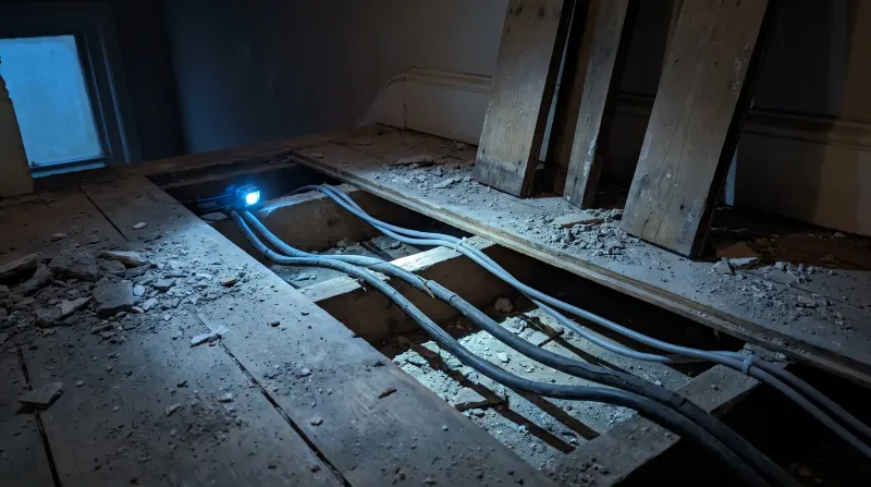 Old rubber-sheathed and newer cable running together under lifted floorboards, examined on an emergency call-out in Gants Hill
