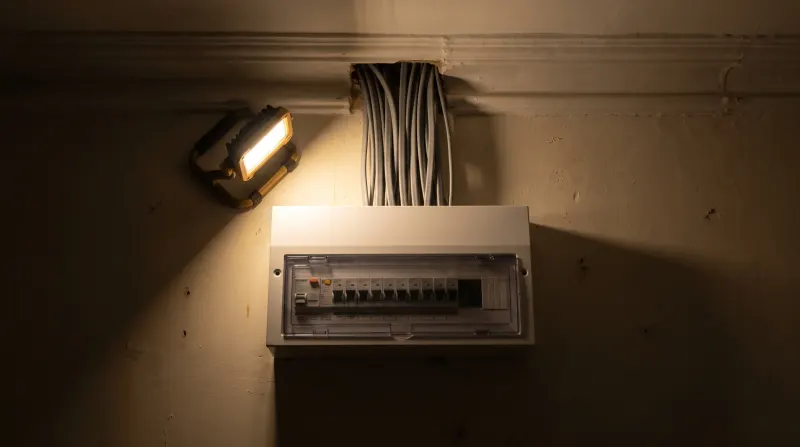 A modern consumer unit fitted in a Victorian hallway, examined on an emergency call-out in Greenwich