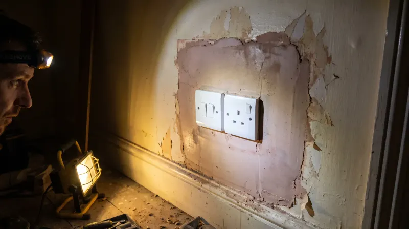 A new switch and socket on a replastered wall, found by an emergency electrician in Greenwich