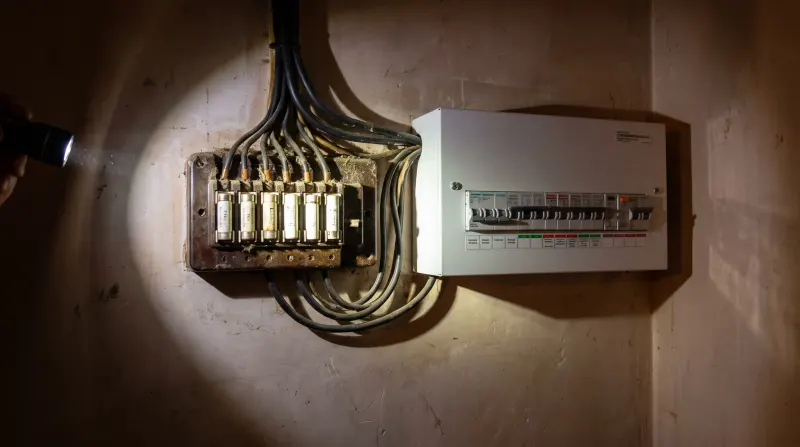 Two consumer units of different ages side by side on a landing, examined on an emergency call-out in Hackney