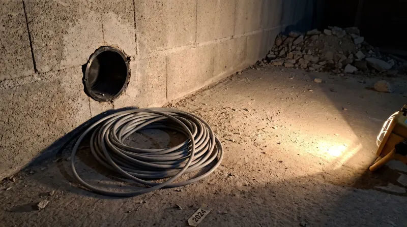 New cable coiled at a sleeved opening through a concrete wall, examined on an emergency call-out in Hainault