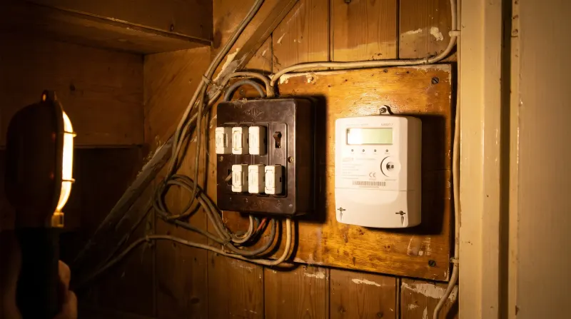 An original rewireable fuse box beside a newer meter, examined on an emergency call-out in Hither Green