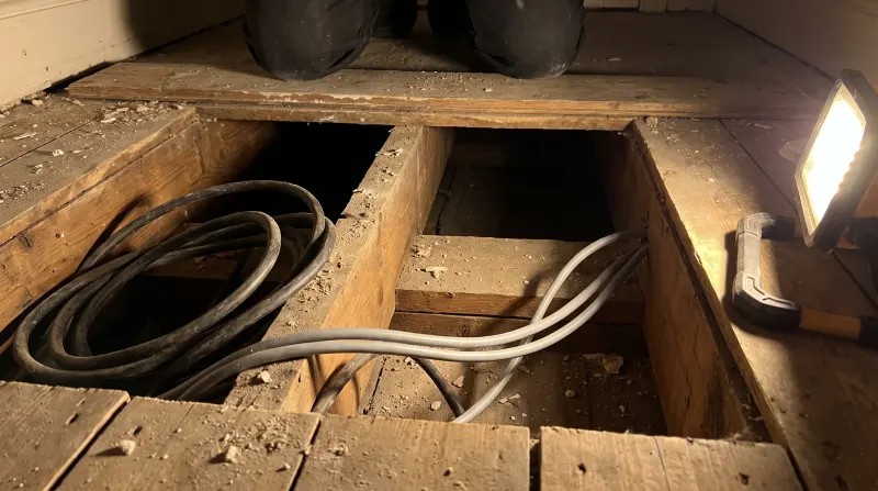 Old rubber-sheathed and newer cable running together under lifted floorboards, found by an emergency electrician in Hither Green