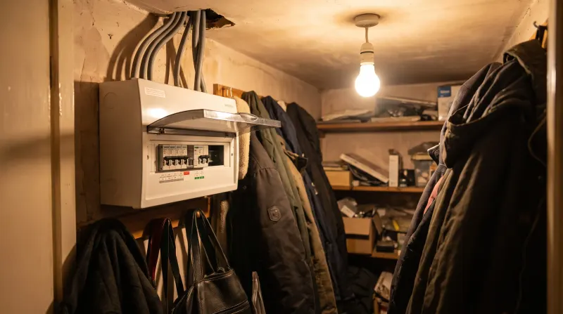 A consumer unit in the under-stairs cupboard of a 1930s semi, examined on an emergency call-out in Hornchurch