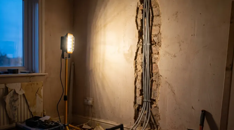 A bedroom wall chased out for new cable, found by an emergency electrician in Hornchurch