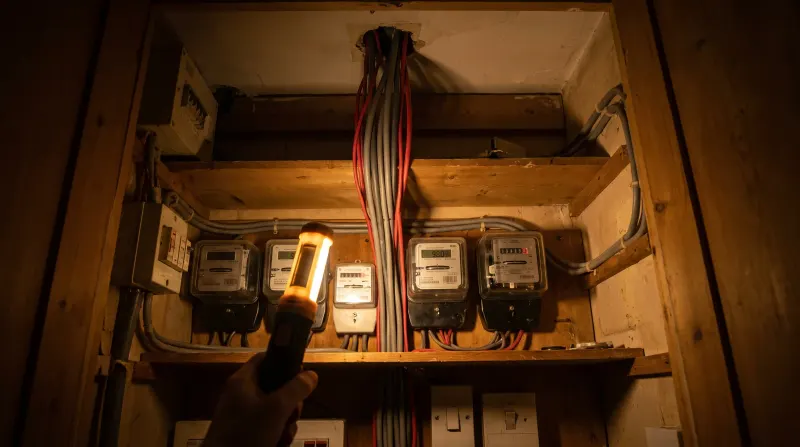 Separate meters for each flat in a converted house, examined on an emergency call-out in Hornsey