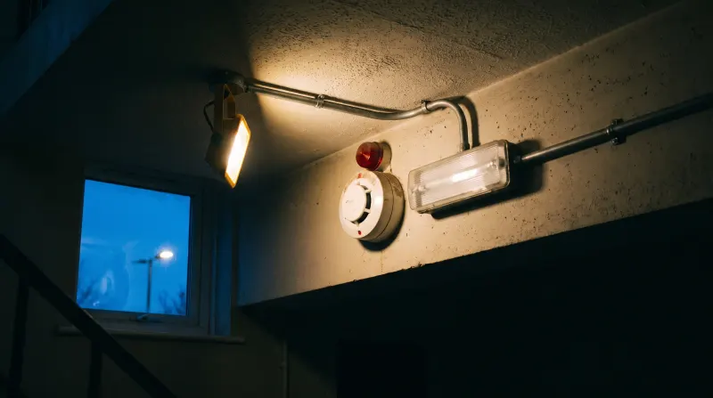 An emergency light and fire alarm sounder in a commercial stairwell, found by an emergency electrician in Lewisham