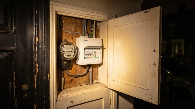 A meter cupboard beside the front door of a terraced house, found by an emergency electrician in Leyton