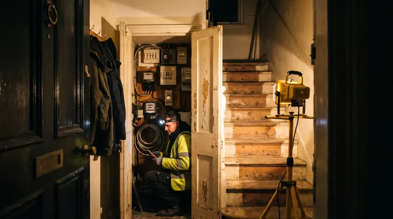 A stairwell to flats above a shop with the meter cupboard open, examined on an emergency call-out in London