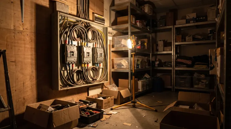 A three-phase distribution board in the back of a shop unit, found by an emergency electrician in London