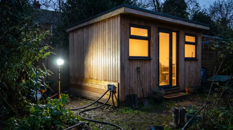 A garden office lit at dusk with armoured cable run to it, examined on an emergency call-out in Loughton