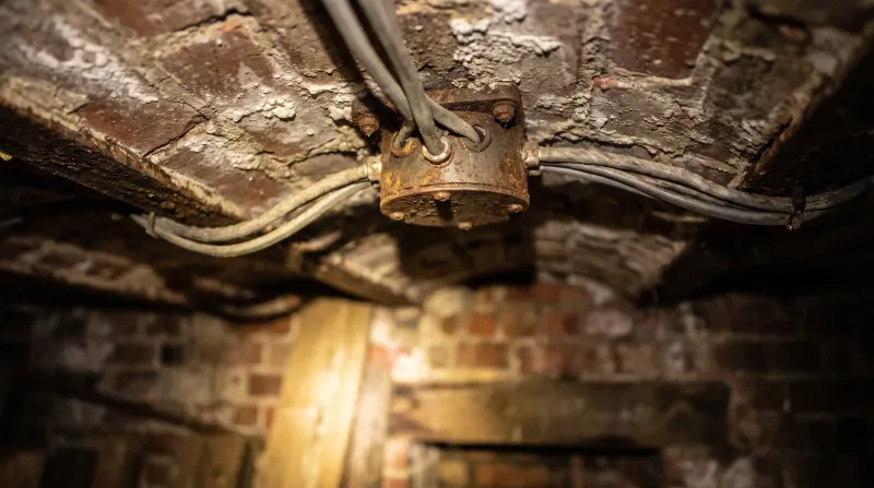 A junction box in the cellar ceiling of a terraced house, examined on an emergency call-out in Manor Park