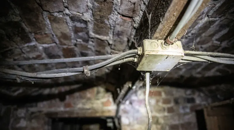 A junction box in the cellar ceiling of a terraced house, examined on an emergency call-out in North East London