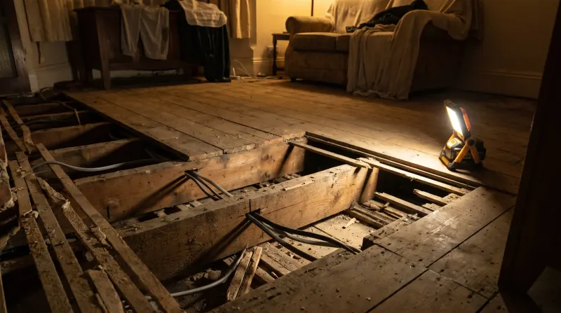 Cable runs notched through joists under lifted floorboards, found by an emergency electrician in North East London