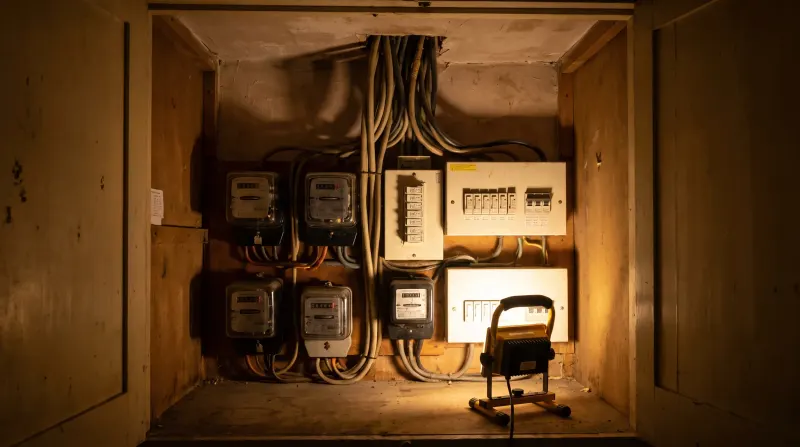 Separate meters for each flat in a converted house, examined on an emergency call-out in North London