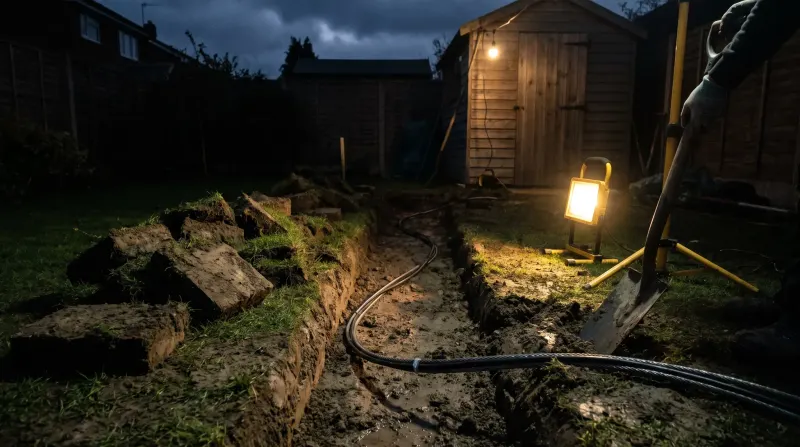 Armoured cable laid in a trench across a lawn to a garden office, examined on an emergency call-out in Orpington