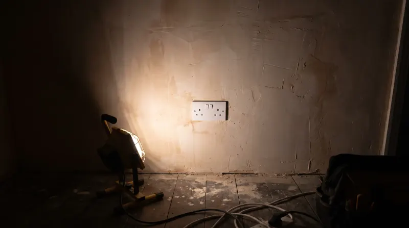 A new switch and socket on a replastered wall, examined on an emergency call-out in Plaistow