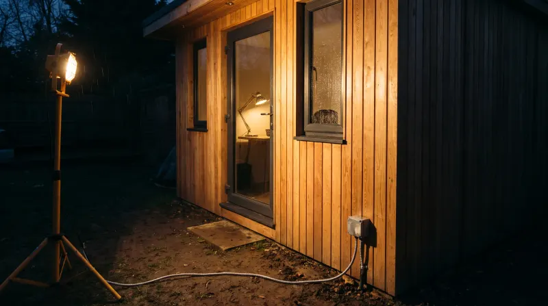 A garden office lit at dusk with armoured cable run to it, examined on an emergency call-out in Rainham