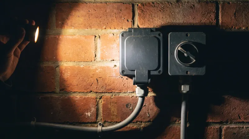 A weatherproof outdoor socket and isolator on a garage wall, found by an emergency electrician in Rainham
