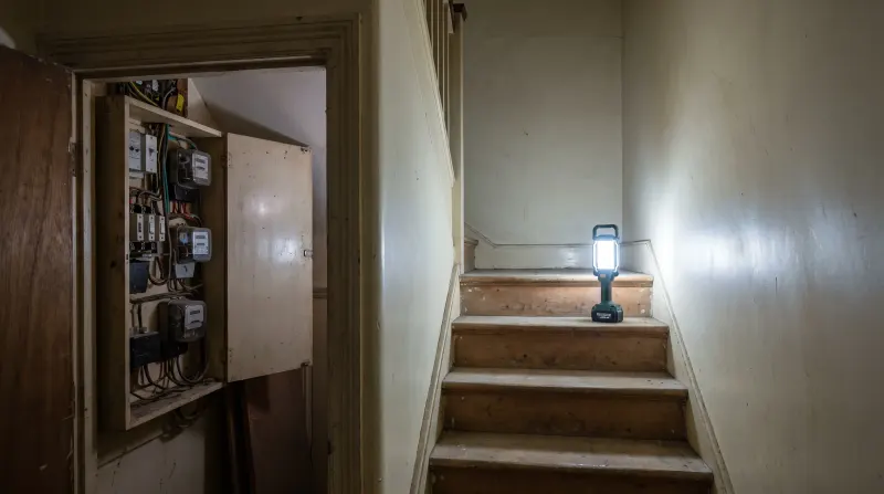 A stairwell to flats above a shop with the meter cupboard open, found by an emergency electrician in Romford
