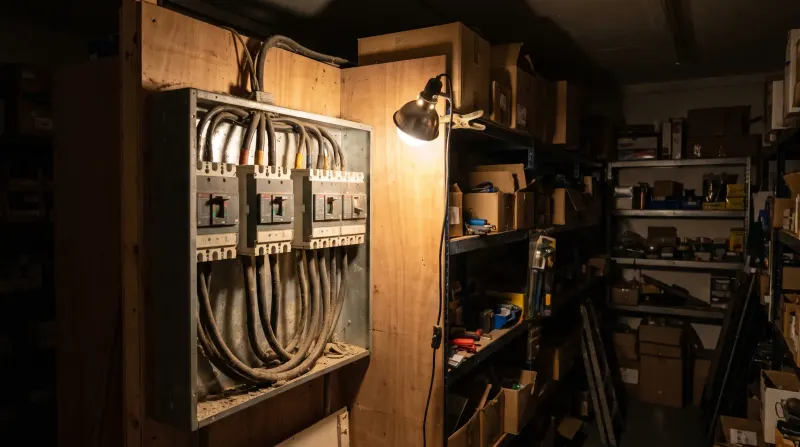A three-phase distribution board in the back of a shop unit, examined on an emergency call-out in Romford