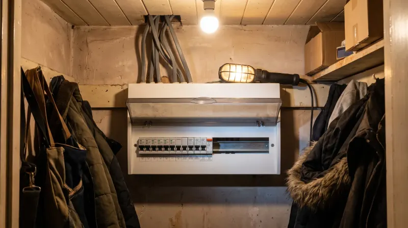A consumer unit in the under-stairs cupboard of a 1930s semi, examined on an emergency call-out in Sidcup