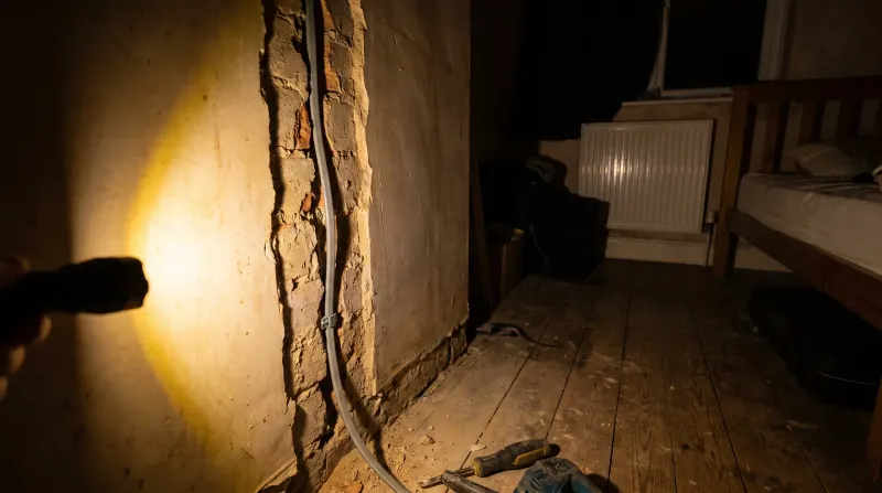 A bedroom wall chased out for new cable, found by an emergency electrician in Sidcup