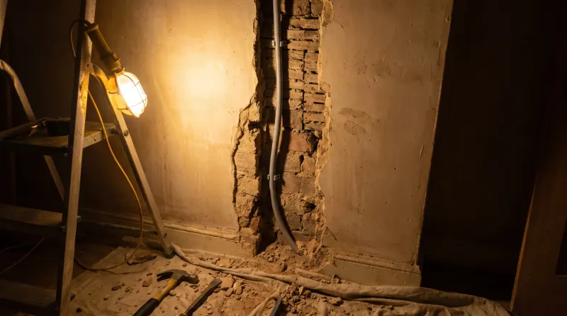 A bedroom wall chased out for new cable, examined on an emergency call-out in South East London