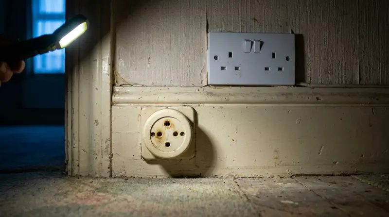 A surviving round-pin socket next to a modern three-pin one, found by an emergency electrician in South East London