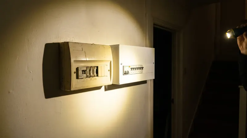 Two consumer units of different ages side by side on a landing, examined on an emergency call-out in Stoke Newington