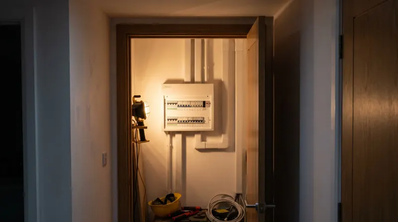 A consumer unit fitted with RCBOs in a new flat, examined on an emergency call-out in Stratford