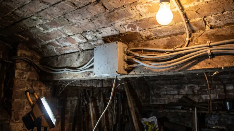 A junction box in the cellar ceiling of a terraced house, found by an emergency electrician in Upton Park