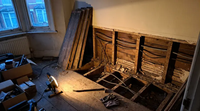 Cable runs notched through joists under lifted floorboards, examined on an emergency call-out in Upton Park