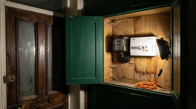 A meter cupboard beside the front door of a terraced house, found by an emergency electrician in Walthamstow