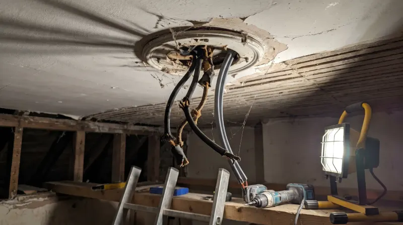 Perished rubber-sheathed cable exposed at a ceiling rose, found by an emergency electrician in West Ham