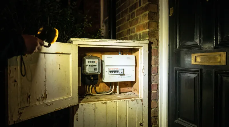 A meter cupboard beside the front door of a terraced house, examined on an emergency call-out in West Ham