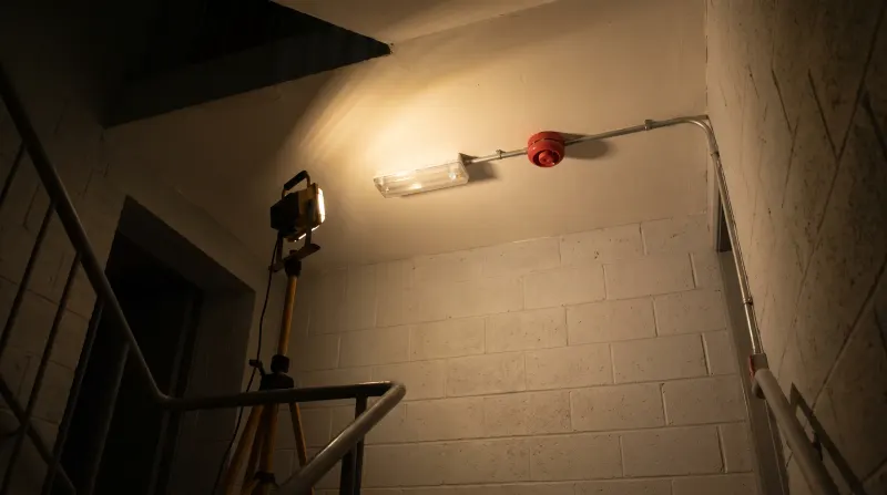 An emergency light and fire alarm sounder in a commercial stairwell, found by an emergency electrician in Wood Green